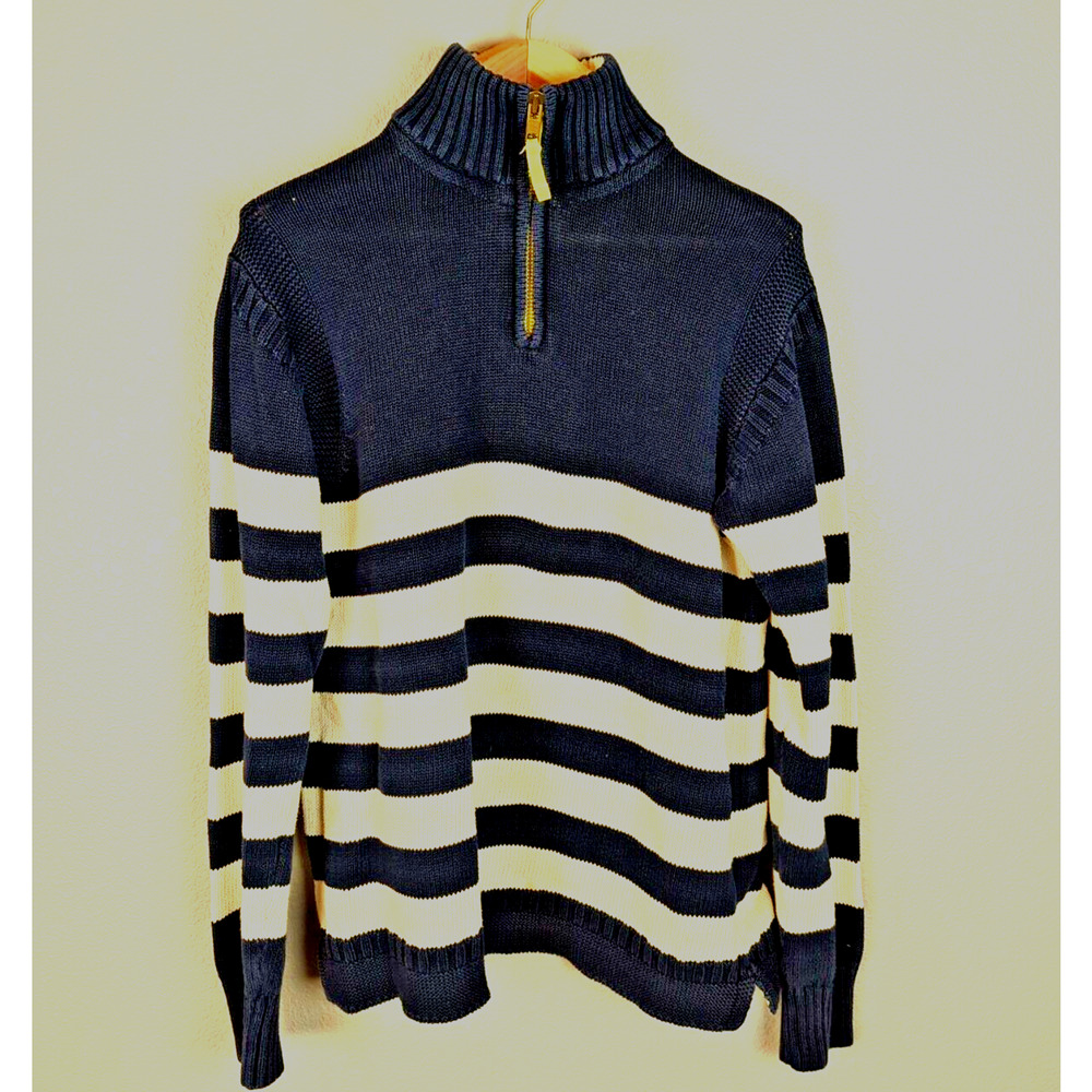 Boden Mens 1/4 Zip Pullover Sweater Size M Medium‎ Navy Blue White Stripe Cotton